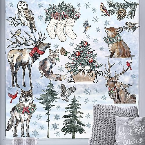 Winter Forest Woodland Animals Window Clings 9 Sheets, Christmas Pine Trees Deer Elk Fox Owl Wolf Wall Stickers Decal Decorations, Xmas Stocking Holiday Living Room Home Kitchen Decor