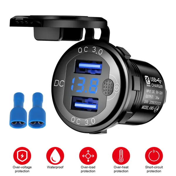 IKY Dual QC3.0 USB Car Charger Adapter with On/Off Switch Button, 12V-24V USB Power Outlet Fast Charge LED Voltmeter for Car, Marine, Boat, Motorcycle, Truck and More