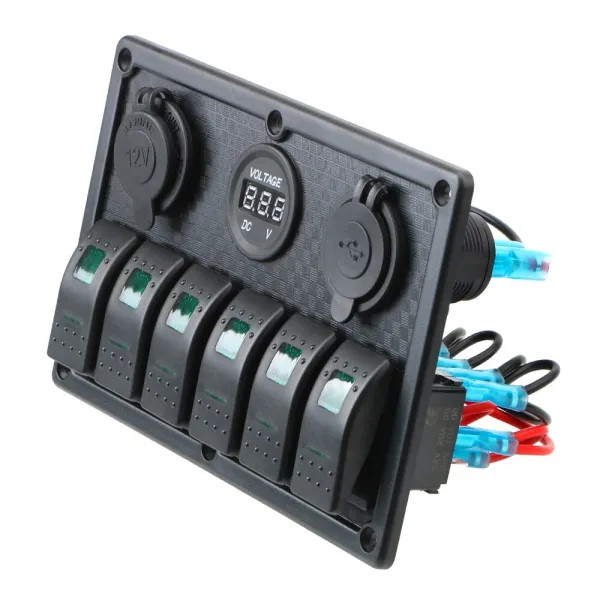 IKY 12/24 volt 4.2A Dual USB Slot Socket With Fuse 6 Gang Rocker Switch Panel Waterproof Digital Voltage Display