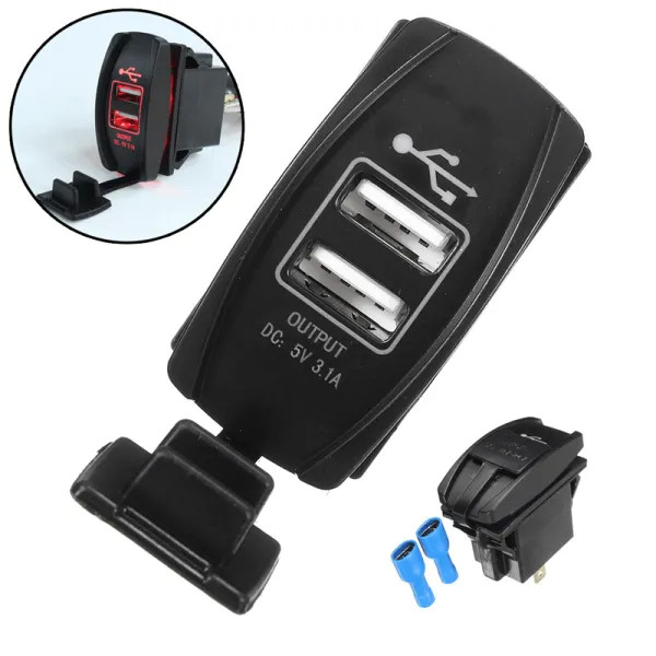 IKY 12V 24V RED LED DUAL USB CHARGER BACKLIT UTV ROCKER SWITCH FOR MOTORCYCLE CAR TRUCK BOAT