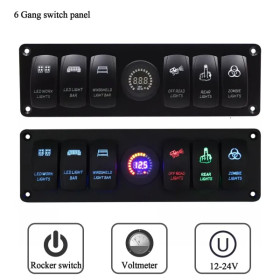 IKY 12/24 volt 4.2A Dual USB Slot Socket With Fuse 6 Gang Rocker Switch Panel Waterproof Digital Voltage Display