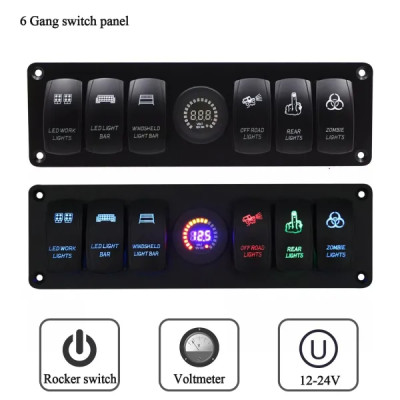 IKY 12/24 volt 4.2A Dual USB Slot Socket With Fuse 6 Gang Rocker Switch Panel Waterproof Digital Voltage Display