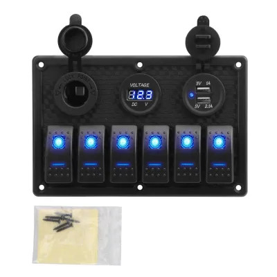 IKY 12/24 volt 4.2A Dual USB Slot Socket With Fuse 6 Gang Rocker Switch Panel Waterproof Digital Voltage Display