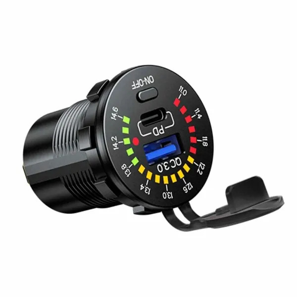 IKY 18W PD QC3.0 USB Type-C Outlet Car Charger Fast Charging With LED Voltmeter Power Switch for Car, Marine, Boat, Motorcycle, Truck and More