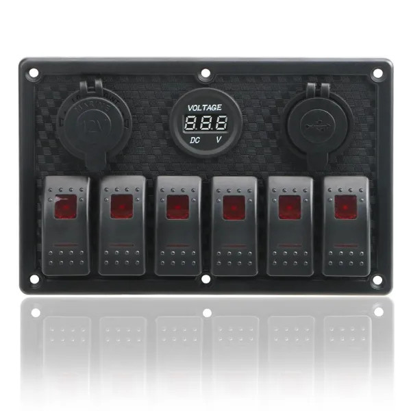 IKY 12/24 volt 4.2A Dual USB Slot Socket With Fuse 6 Gang Rocker Switch Panel Waterproof Digital Voltage Display
