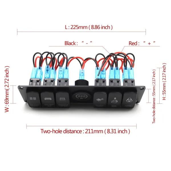 IKY 12/24 volt 4.2A Dual USB Slot Socket With Fuse 6 Gang Rocker Switch Panel Waterproof Digital Voltage Display