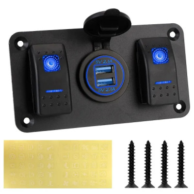IKY Circuit Control 12-24V Socket Switch Dual USB Port for Car Marine Ship LED Rocker Switch Panel Universal Interior Parts