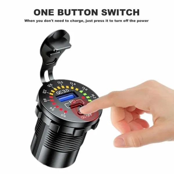 IKY 18W PD QC3.0 USB Type-C Outlet Car Charger Fast Charging With LED Voltmeter Power Switch for Car, Marine, Boat, Motorcycle, Truck and More