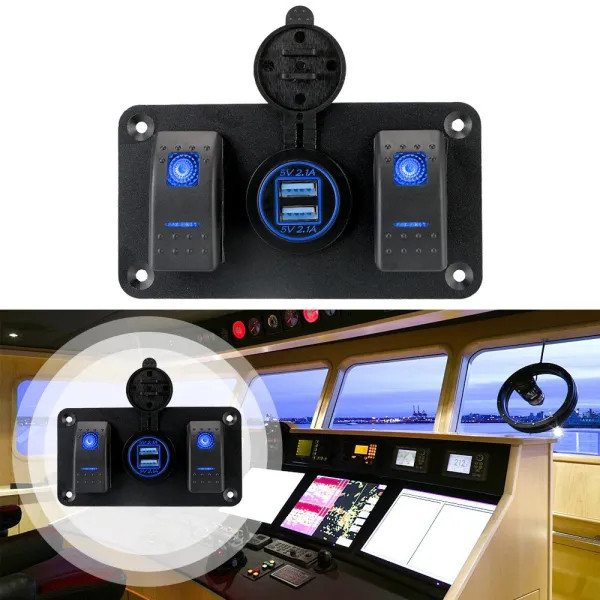 IKY Circuit Control 12-24V Socket Switch Dual USB Port for Car Marine Ship LED Rocker Switch Panel Universal Interior Parts