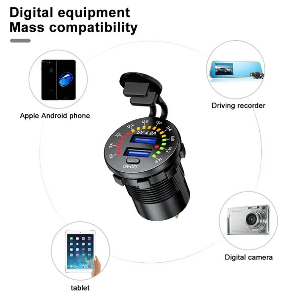IKY QC 3.0 Dual USB Car Charger 12V 24V Waterproof 18W USB Outlet Fast Charge with LED Voltmeter ON OFF Switch Power Cable for car for Car, Marine, Boat, Motorcycle, Truck and More