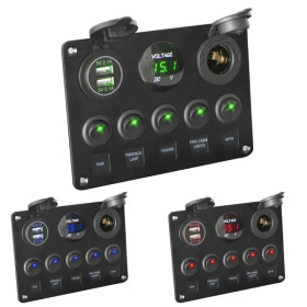 IKY LED Toggle Rocker Switch Panel Digital Voltmeter Dual USB Port 12V Outlet Combination Waterproof for Car Marine Ship