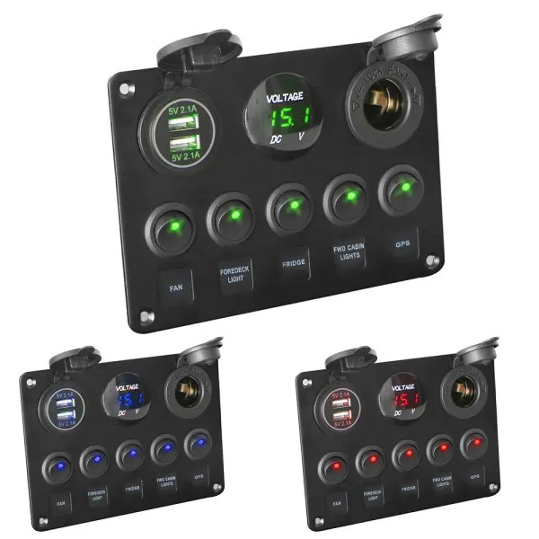 IKY LED Toggle Rocker Switch Panel Digital Voltmeter Dual USB Port 12V Outlet Combination Waterproof for Car Marine Ship