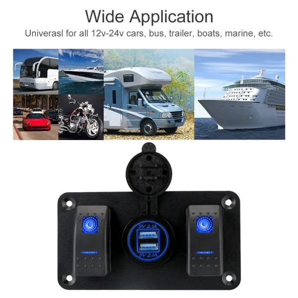 IKY Circuit Control 12-24V Socket Switch Dual USB Port for Car Marine Ship LED Rocker Switch Panel Universal Interior Parts