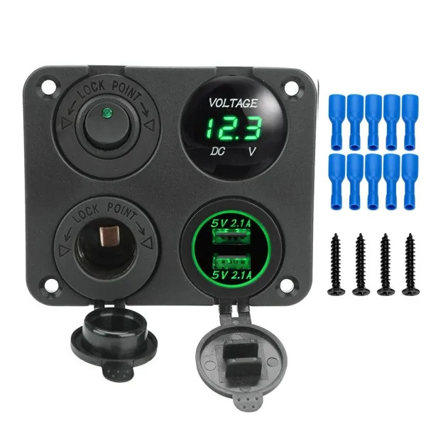 IKY LED Toggle Rocker Switch Panel Digital Voltmeter Dual USB Port 12V Outlet Combination Waterproof for Car Marine Ship