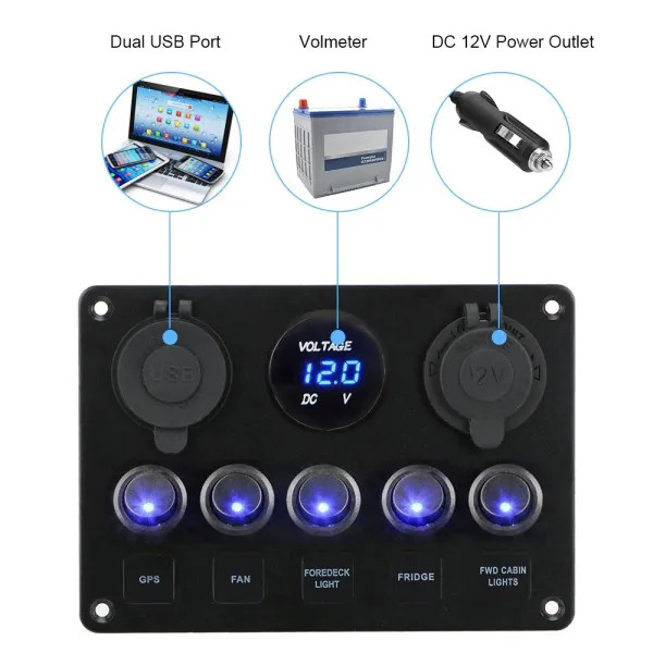 IKY LED Toggle Rocker Switch Panel Digital Voltmeter Dual USB Port 12V Outlet Combination Waterproof for Car Marine Ship