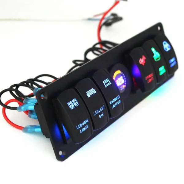 IKY 12/24 volt 4.2A Dual USB Slot Socket With Fuse 6 Gang Rocker Switch Panel Waterproof Digital Voltage Display