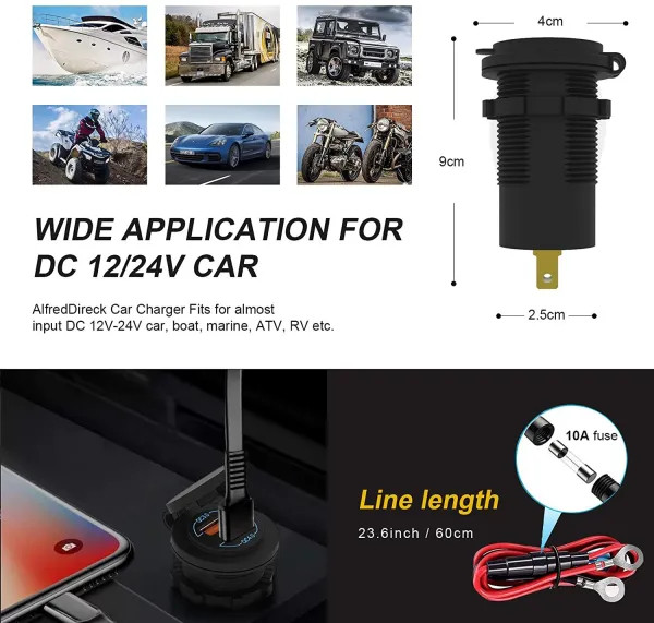 IKY Quick Charge QC3.0+PD Type C QC4.0 Car Charger Waterproof Dual USB Fast Charger Socket Power Outlet with LED Marine Boat Motorcycle