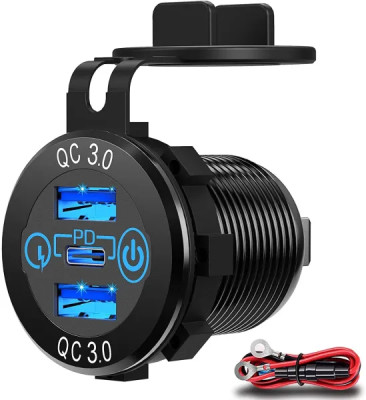 IKY USB C 12 Volt Outlet, Dual QC 3.0 18W & PD 45W Type C Triple 12V USB Socket Aluminum Car Charger With Touch Switch, Waterproof PD Fast Charge Adapter For Car Boat Marine RV Golf Cart Motorcycle