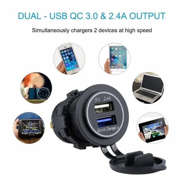 IKY Quick Charge 3.0 & 2.4A Dual USB Charger Socket Power Outlet For Car Marine Boat Rv Truck ATV UTV Camper