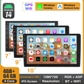 IKY 7 /9 /10“ 2 DIN Android 14 4+64G Car Stereo Carplay Android Auto GPS SAT Navi Bluetooth FM RDS Radio WIFI Touchscreen