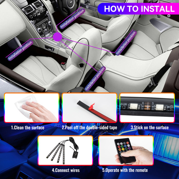 IKY Car Interior Light Ambient Light with USB Cigarette Decorative Lamps RGB Car Footwell Light with Remote/Voice Control