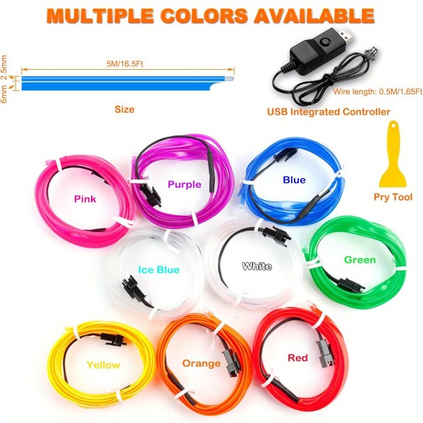 IKY New Interior Car LED Strip Lights, 196.85inch USB Neon Ambient Lighting Kits with Switch for Car Inside Decorations No Noise