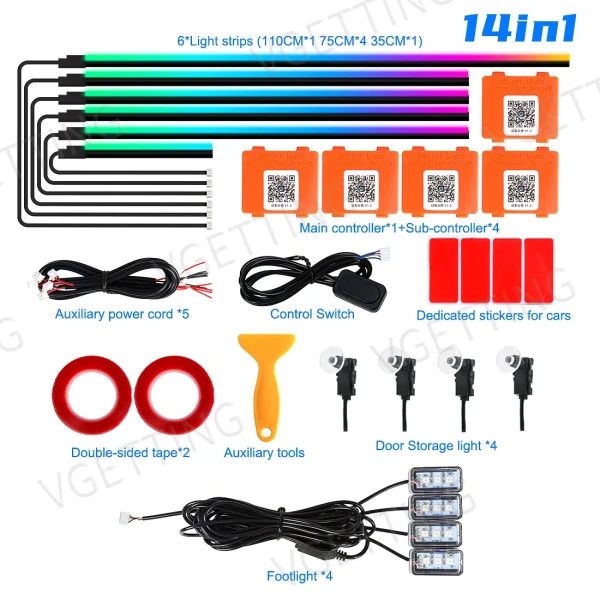 IKY 18 in 1 Car Ambient Lights Symphony LED Interior Acrylic Strips Atmosphere Light Button APP Control RGB 64 Colors 12V