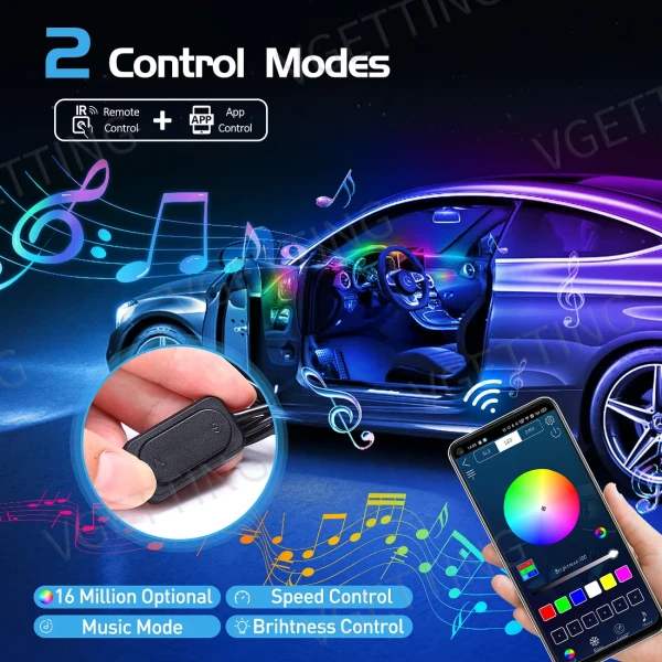 IKY 18 in 1 Car Ambient Lights Symphony LED Interior Acrylic Strips Atmosphere Light Button APP Control RGB 64 Colors 12V