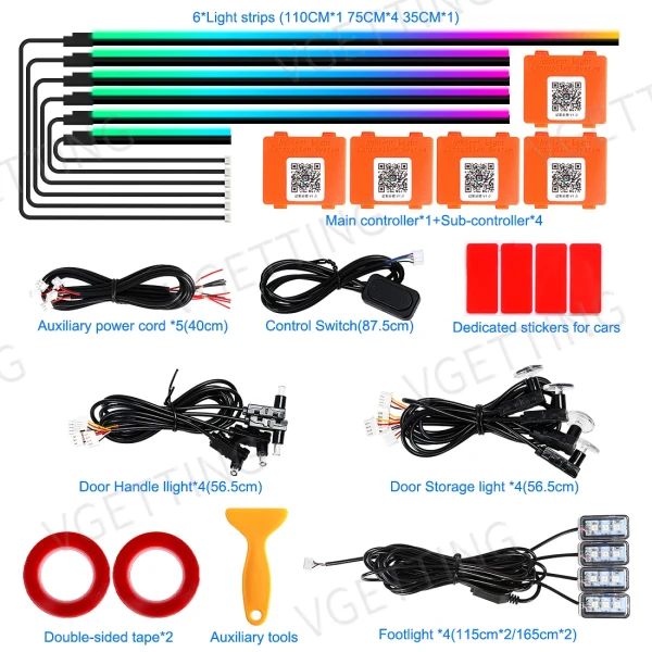 IKY 18 in 1 Car Ambient Lights Symphony LED Interior Acrylic Strips Atmosphere Light Button APP Control RGB 64 Colors 12V