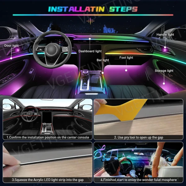 IKY 18 in 1 Car Ambient Lights Symphony LED Interior Acrylic Strips Atmosphere Light Button APP Control RGB 64 Colors 12V