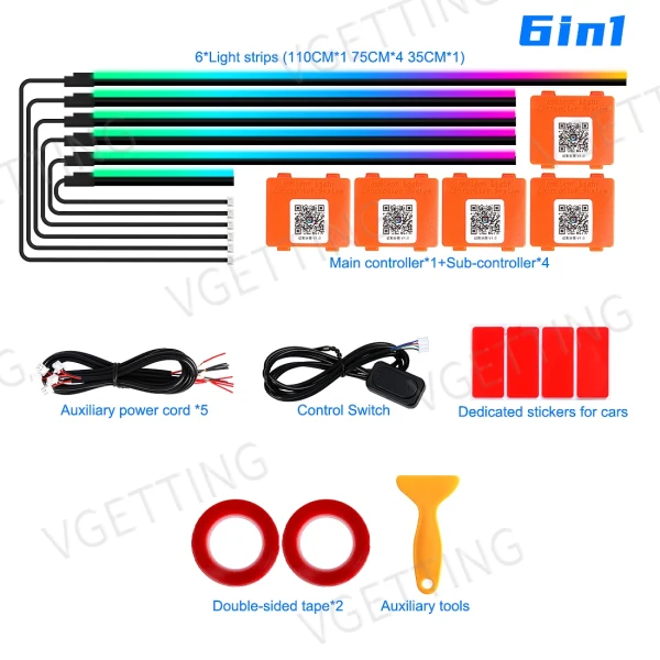 IKY 18 in 1 Car Ambient Lights Symphony LED Interior Acrylic Strips Atmosphere Light Button APP Control RGB 64 Colors 12V