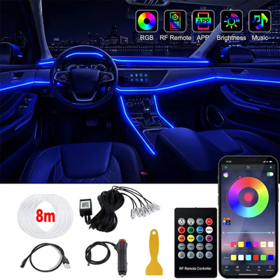 IKY LED Car Interior Ambient Strip Lights RGB Fiber Optic Atmosphere Neon Lighting Kit W/ APP Remote Control Auto Decorative Lamps