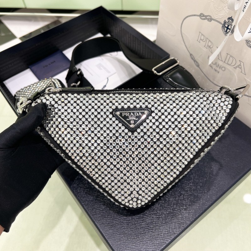 Prada Triangle Satin Shoulder Bag with Crystals(26*14*12cm)-087