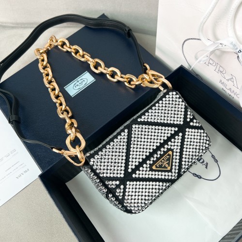 Prada System Satin Shoulder Bag with Crystals(17*11.5*6cm)-0801