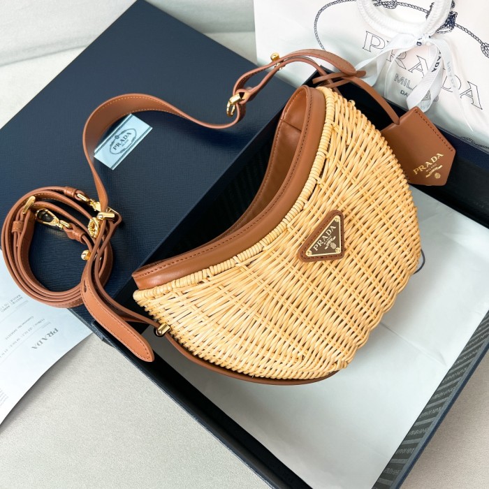 Prada Arqué Leather Shoulder Bag with Wicker and Leather(22.5*18.5*6cm)-0811