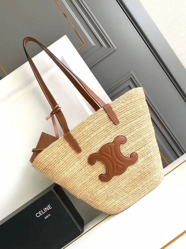 Medium Supple Celine Classic Panier in Raffia and Calfskin (22*30*14cm)-0511