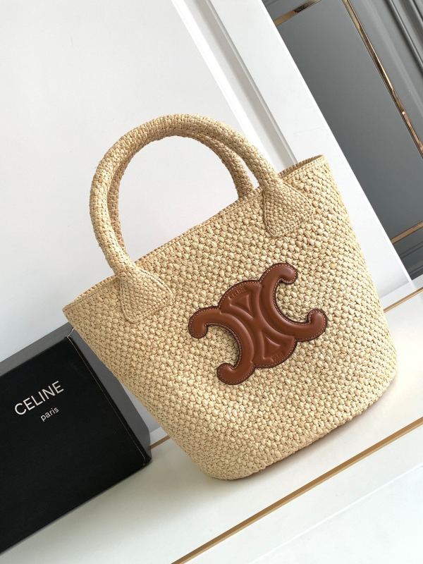 Medium Supple Celine Classic Panier in Raffia and Calfskin(23*22*23cm)-059