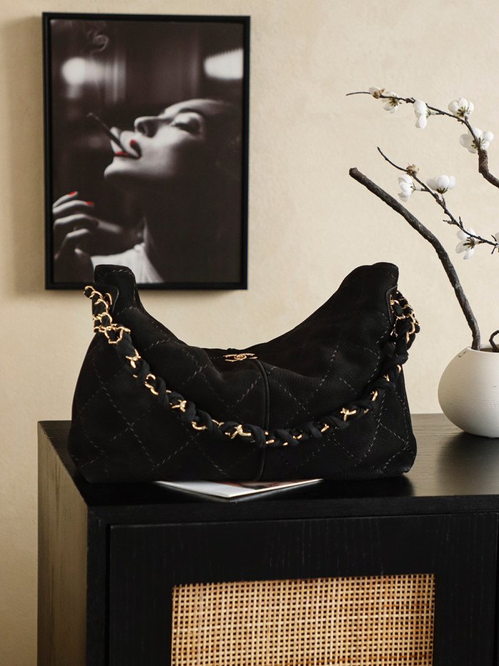 24S Suede Hobo Bag with Braided Chain “29x18x8cm” -058 =