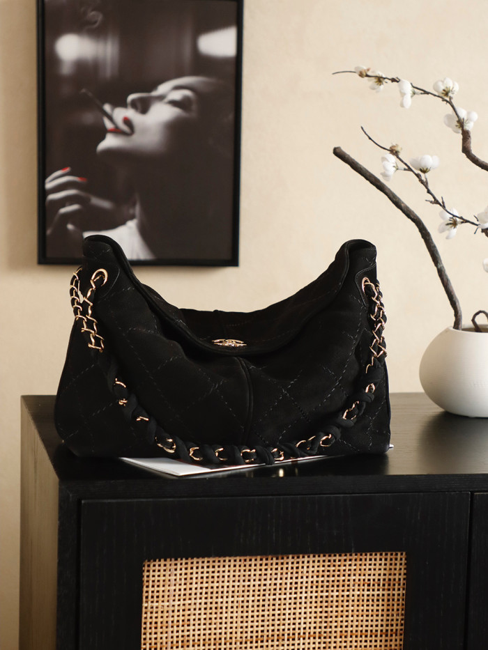 24S Suede Hobo Bag with Braided Chain “29x18x8cm” -058 =