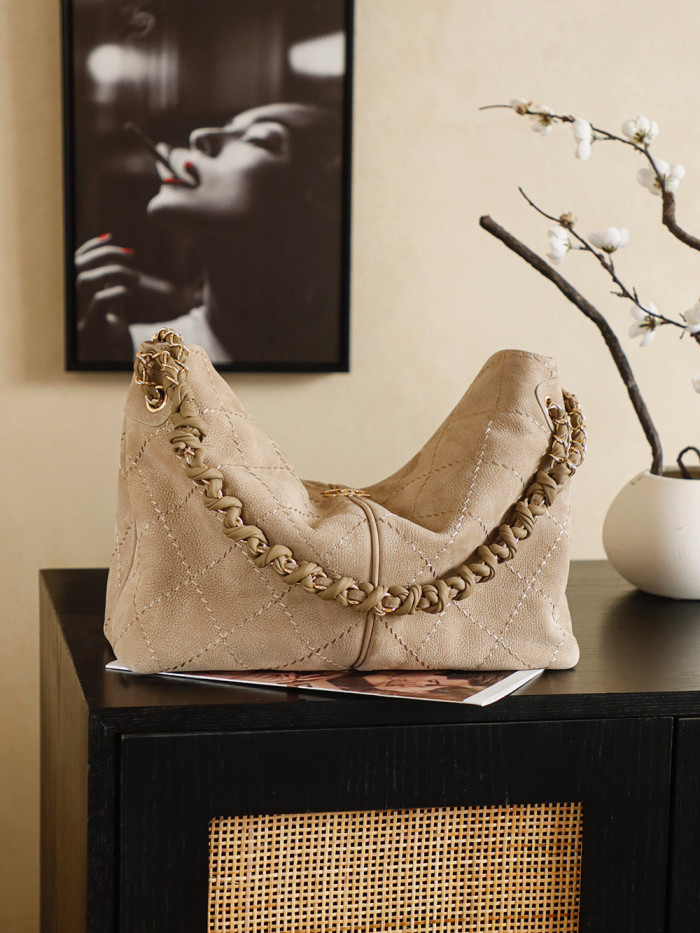 24S Suede Hobo Bag with Braided Chain “29x18x8cm” -058 =