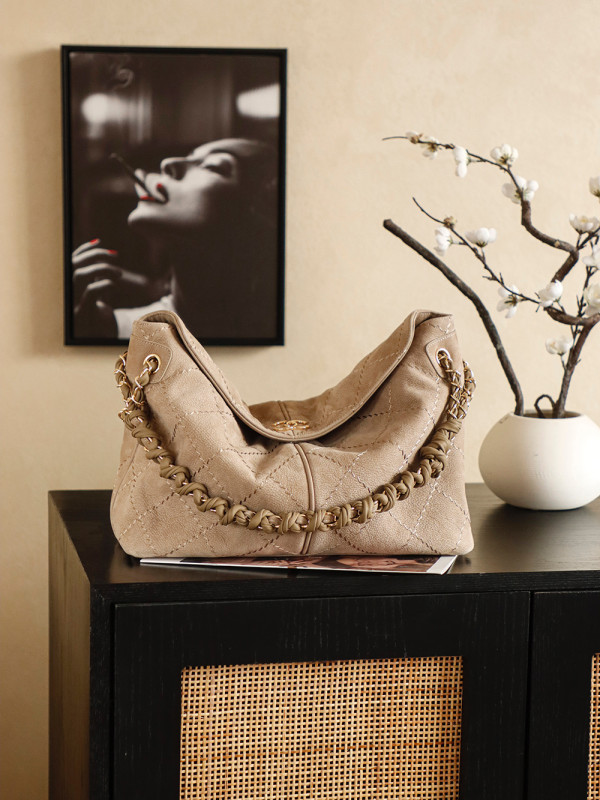 24S Suede Hobo Bag with Braided Chain “29x18x8cm” -058 =