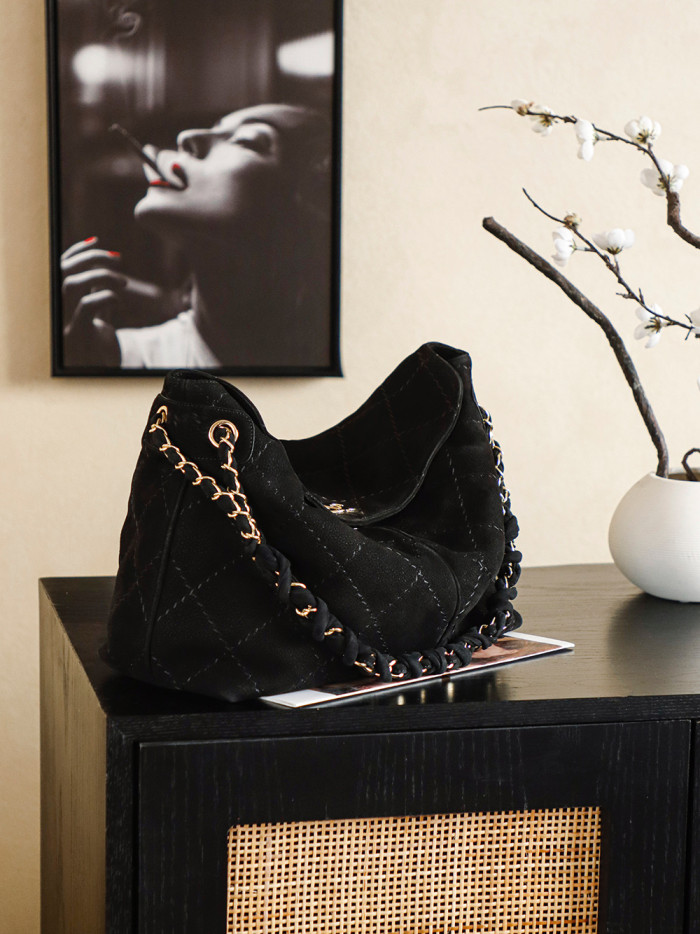 24S Suede Hobo Bag with Braided Chain “29x18x8cm” -058 =