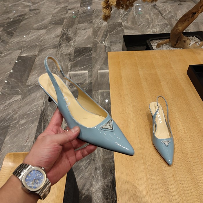 Triangle Logo Pointed-Toe Kitten Heel Slingbacks (Female)36-41=