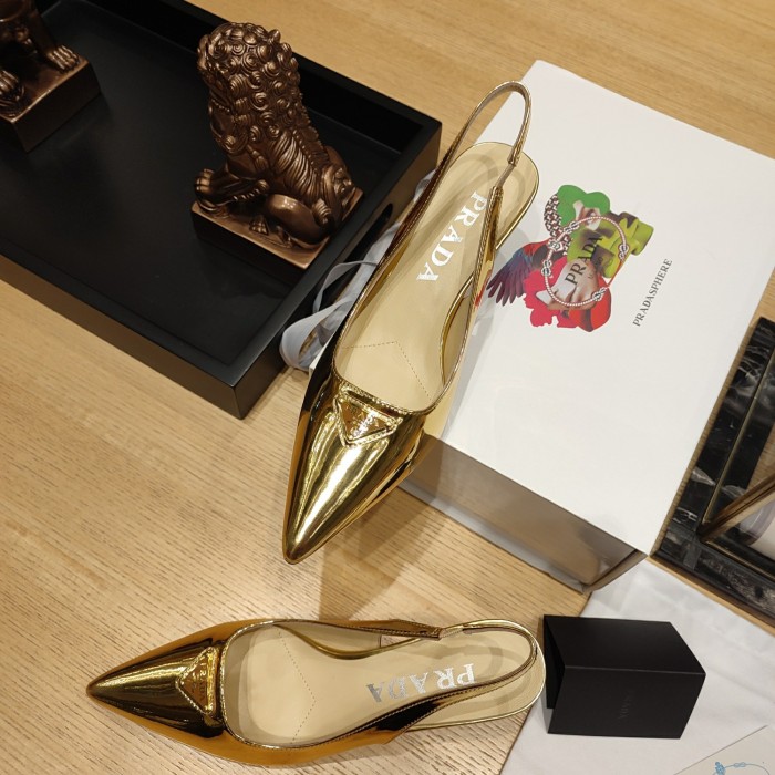 Triangle Logo Pointed-Toe Kitten Heel Slingbacks (Female)36-41=
