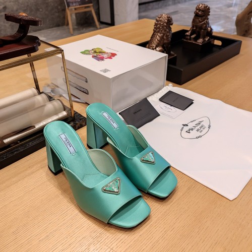 Satin Triangle Logo Block Heel Mules (Female)36-41=