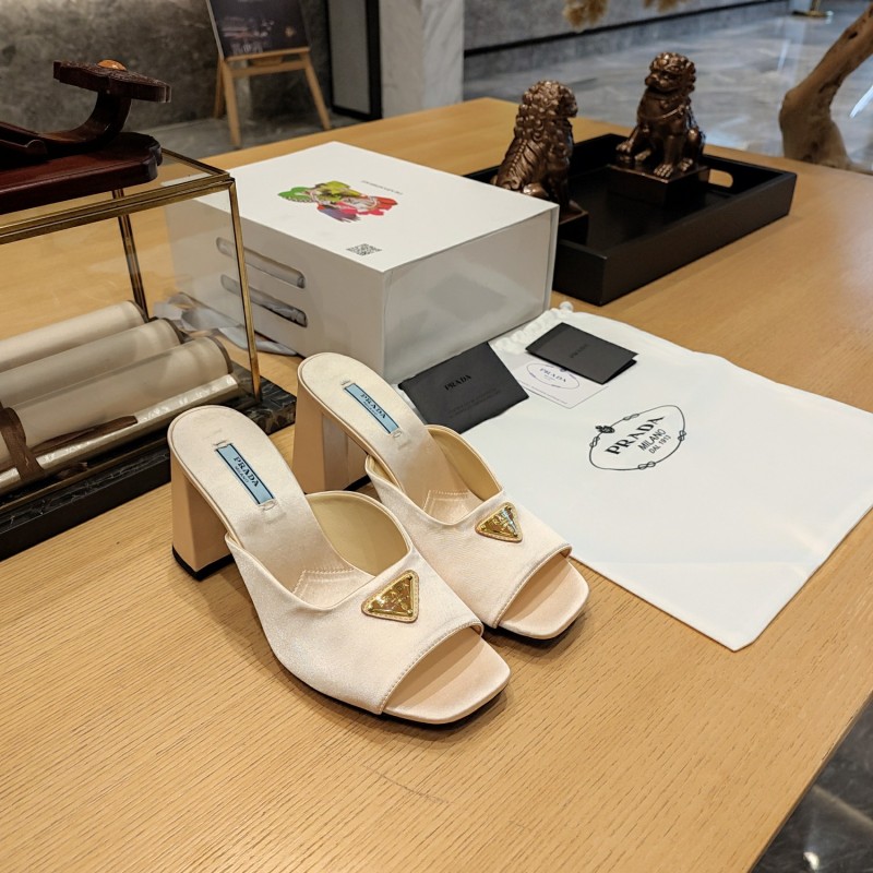 Satin Triangle Logo Block Heel Mules (Female)36-41=