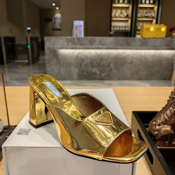 Satin Triangle Logo Block Heel Mules (Female)36-41=