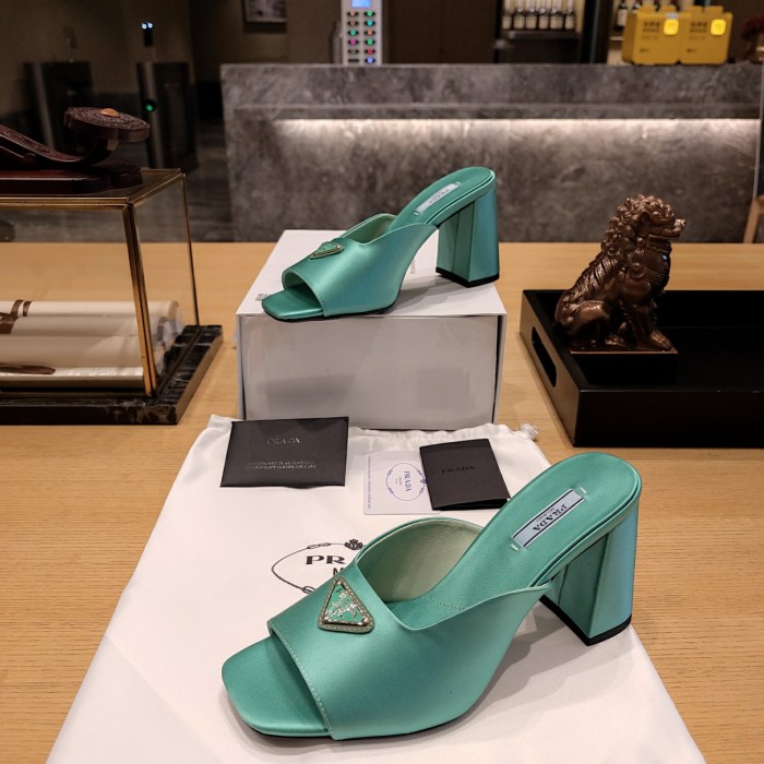 Satin Triangle Logo Block Heel Mules (Female)36-41=