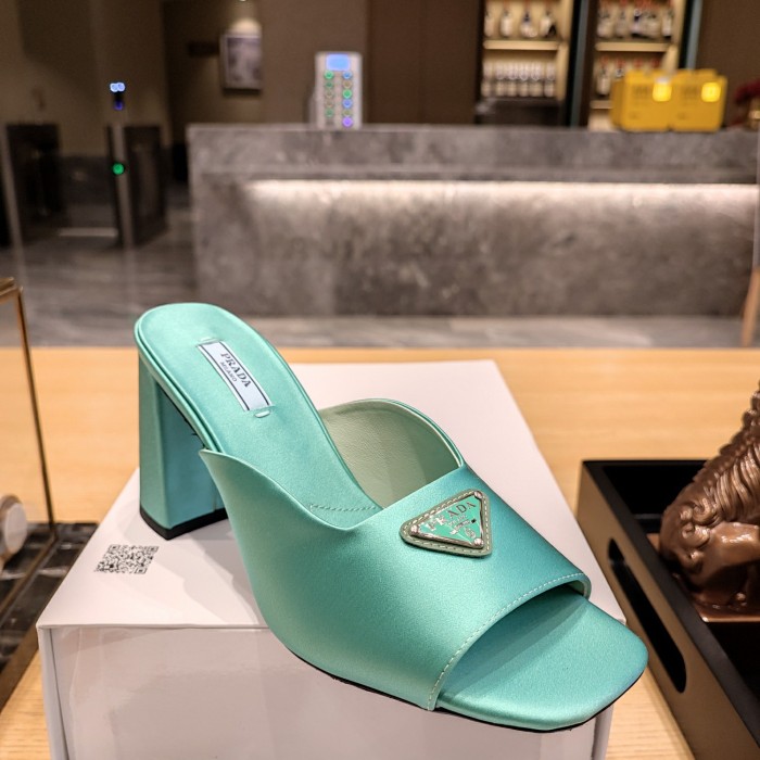 Satin Triangle Logo Block Heel Mules (Female)36-41=