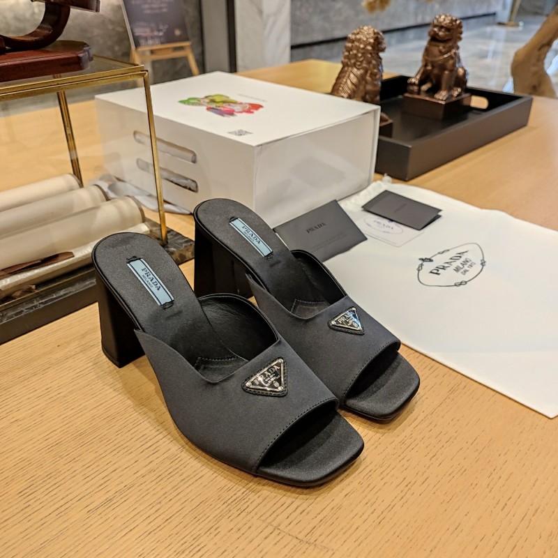 Satin Triangle Logo Block Heel Mules (Female)36-41=